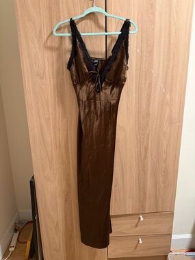 wild fable Brown Satin Chemise with Black Lace Trim